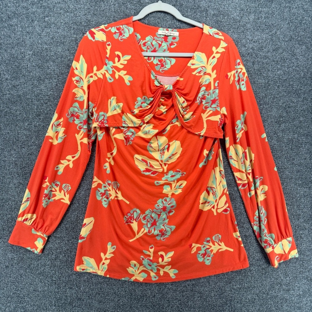Soft Surroundings Top Small Orange Floral Ruched Front Long Sleeve Resort Travel